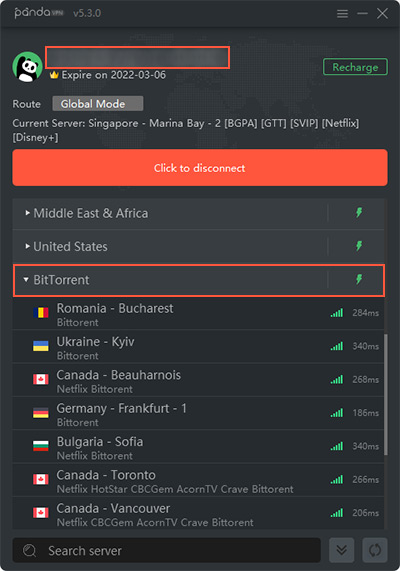 PandaVPN bittorrent servers