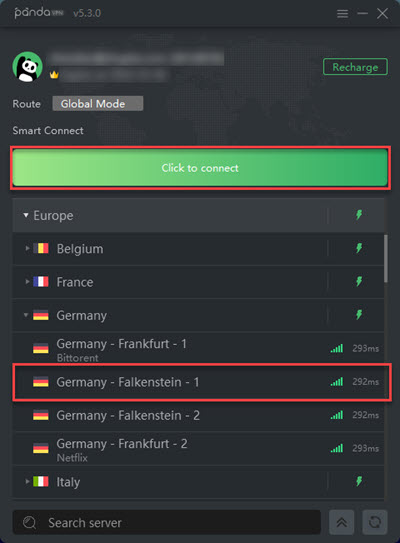 Choose a server offered by PandaVPN to connect