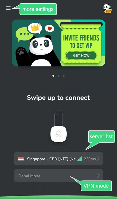 Main interface of PandaVPN Pro for Android