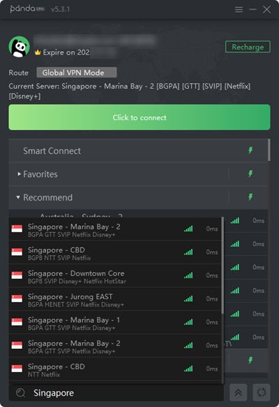 Singapore server of PandaVPN