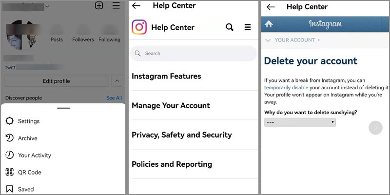 delete instagram account permanently in ig app
