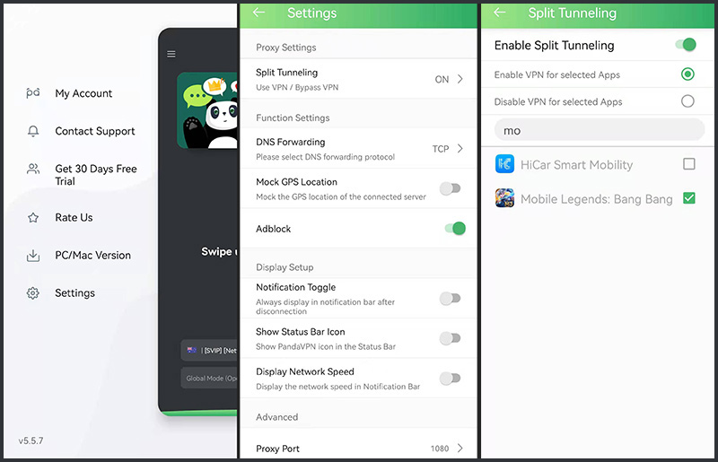 PandaVPN for Android Split Tunneling Settings