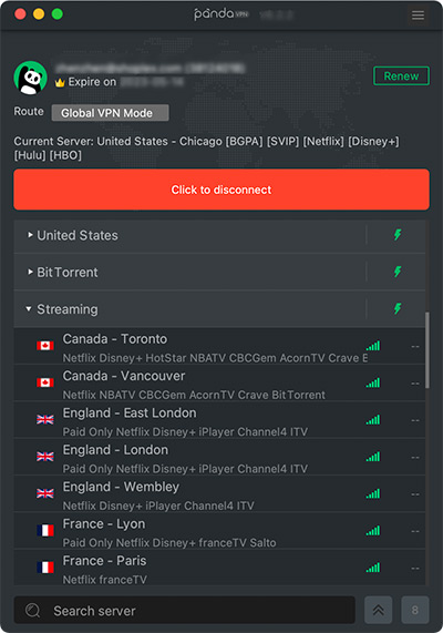 PandaVPN streaming servers