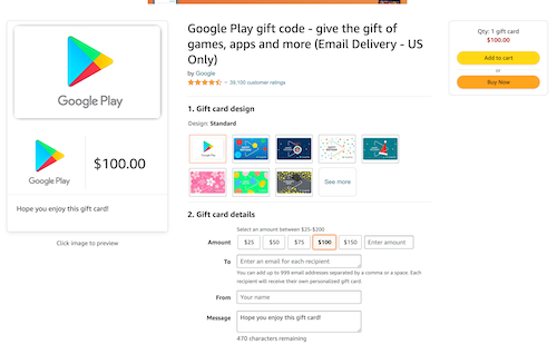 美国亚马逊谷歌礼品卡线上购买